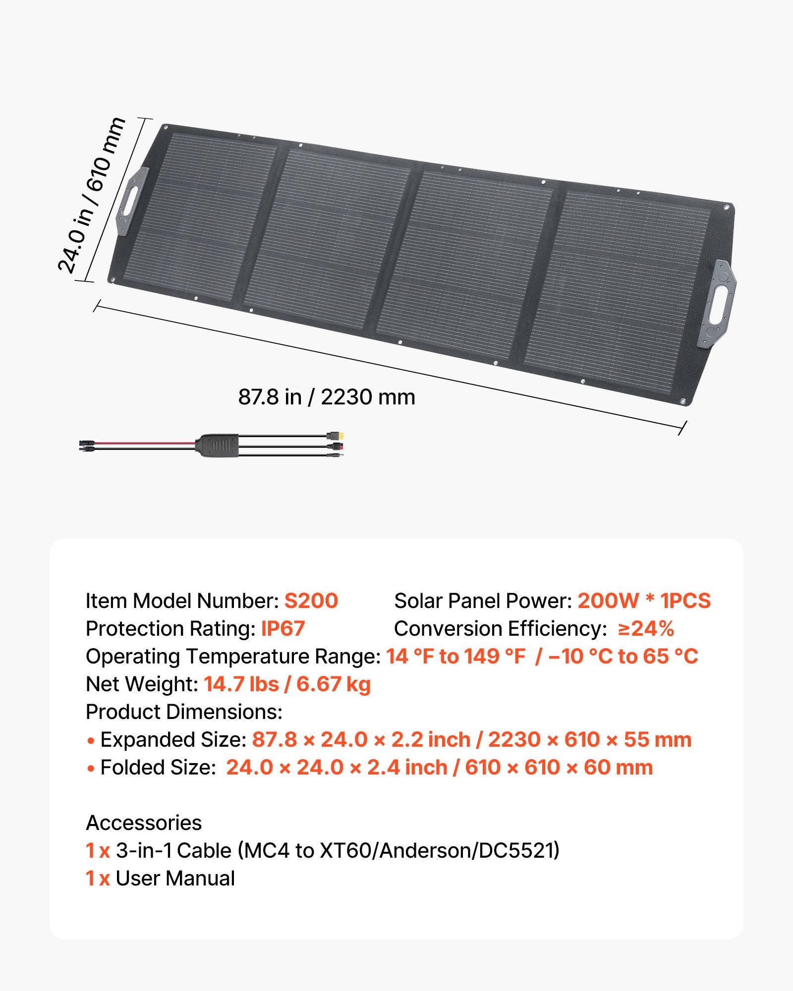 200W Foldable Solar Panel, 24% High-Efficiency Portable Monocrystalline Solar Panel Charger With MC4 Output, USB-A, Type-C & DC Ports, IP67 Waterproof For Power Stations, Camping, Hiking Trips