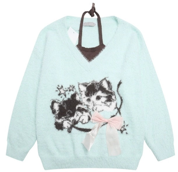 Polyester Women's Cute Cat Hair Fake Two Pieces Collar Sweater
