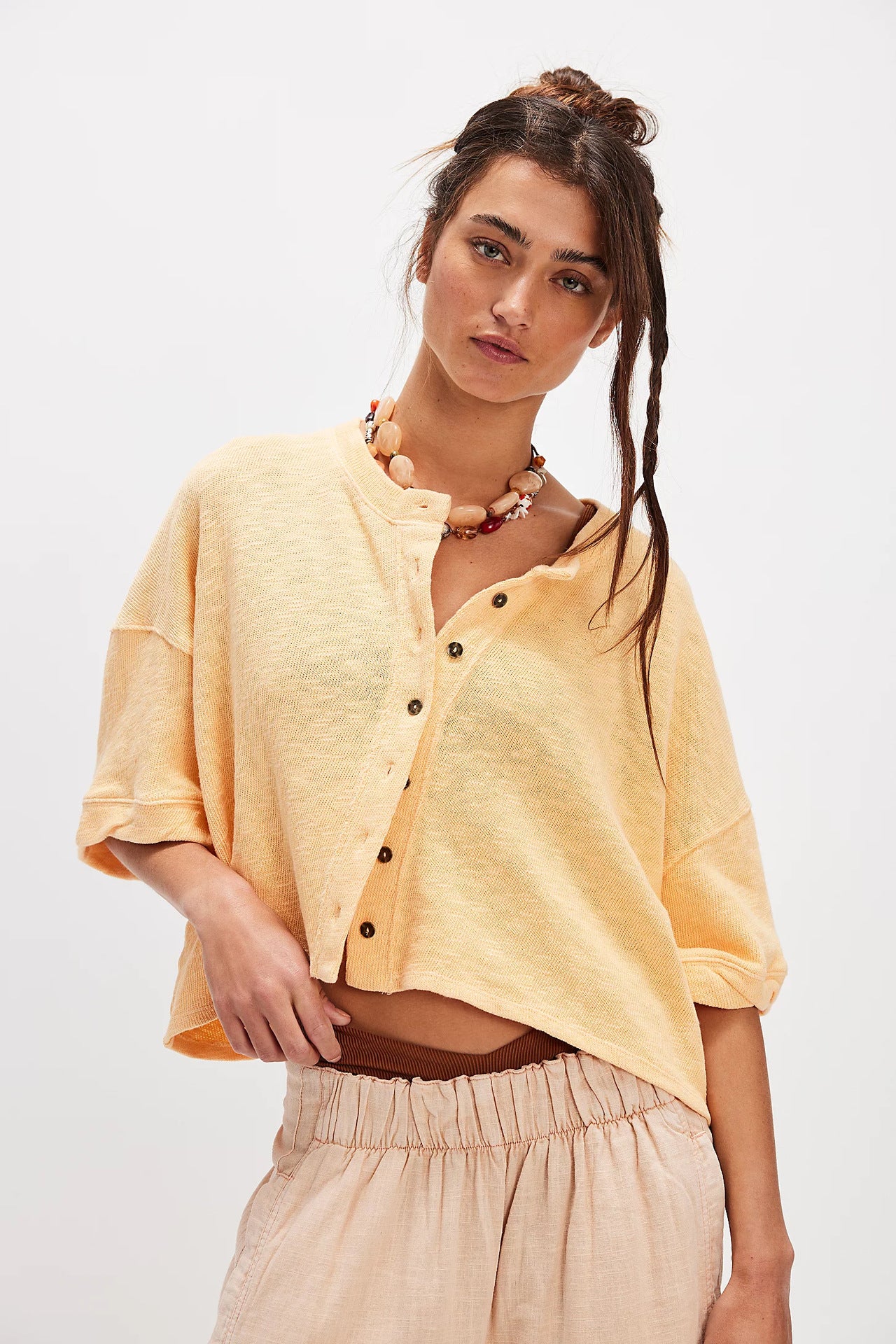 Linen Cardigan Button-up Top Three-quarter Sleeves Solid Color Womens Clothing