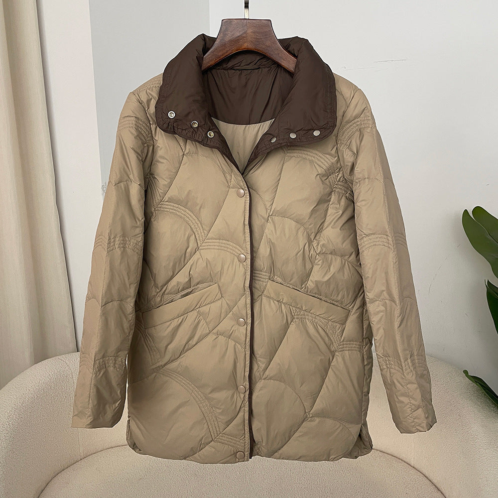 Women's Mid-length White Duck Down Retro Loose Xiangyun Stand Collar Coat