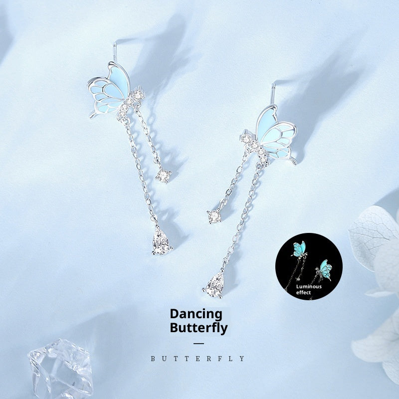 Luminous Dancing Butterfly Tassel S925 Sterling Silver Stud Earrings Minority Fashion Long