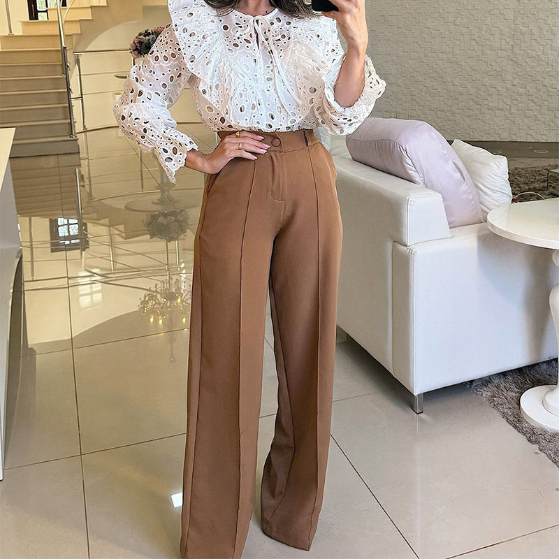 Fashion Solid Color High Waist Loose Straight Casual Suit Pants