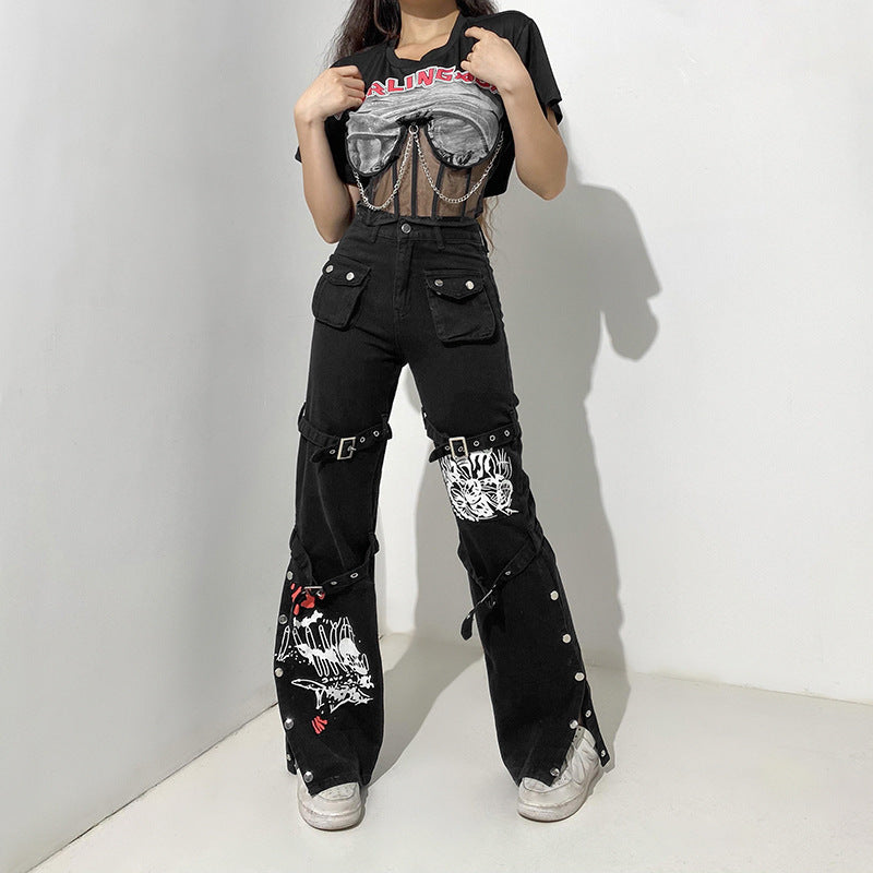 Street Cool Style Printed Metal Buckle Women's Denim Pants