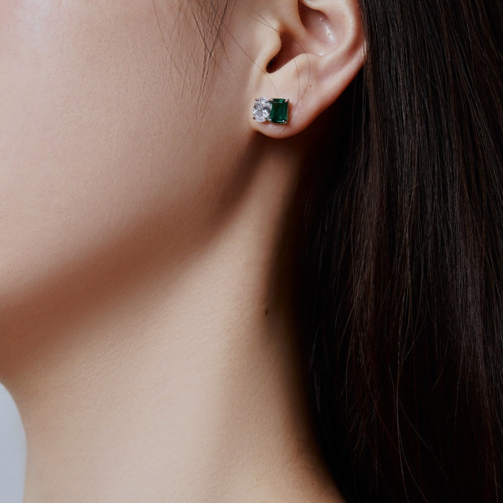 European And American INS Style S925 Sterling Silver Female Stud Earrings Emerald