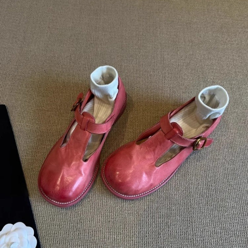 Retro Style Thick Heel Women's Round Head Brush Color Pumps