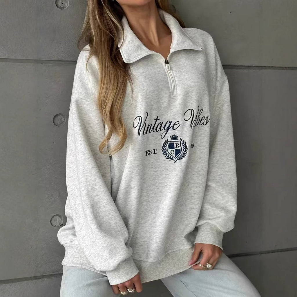 New All-match Letters Printed Half Zipper Coat For Women