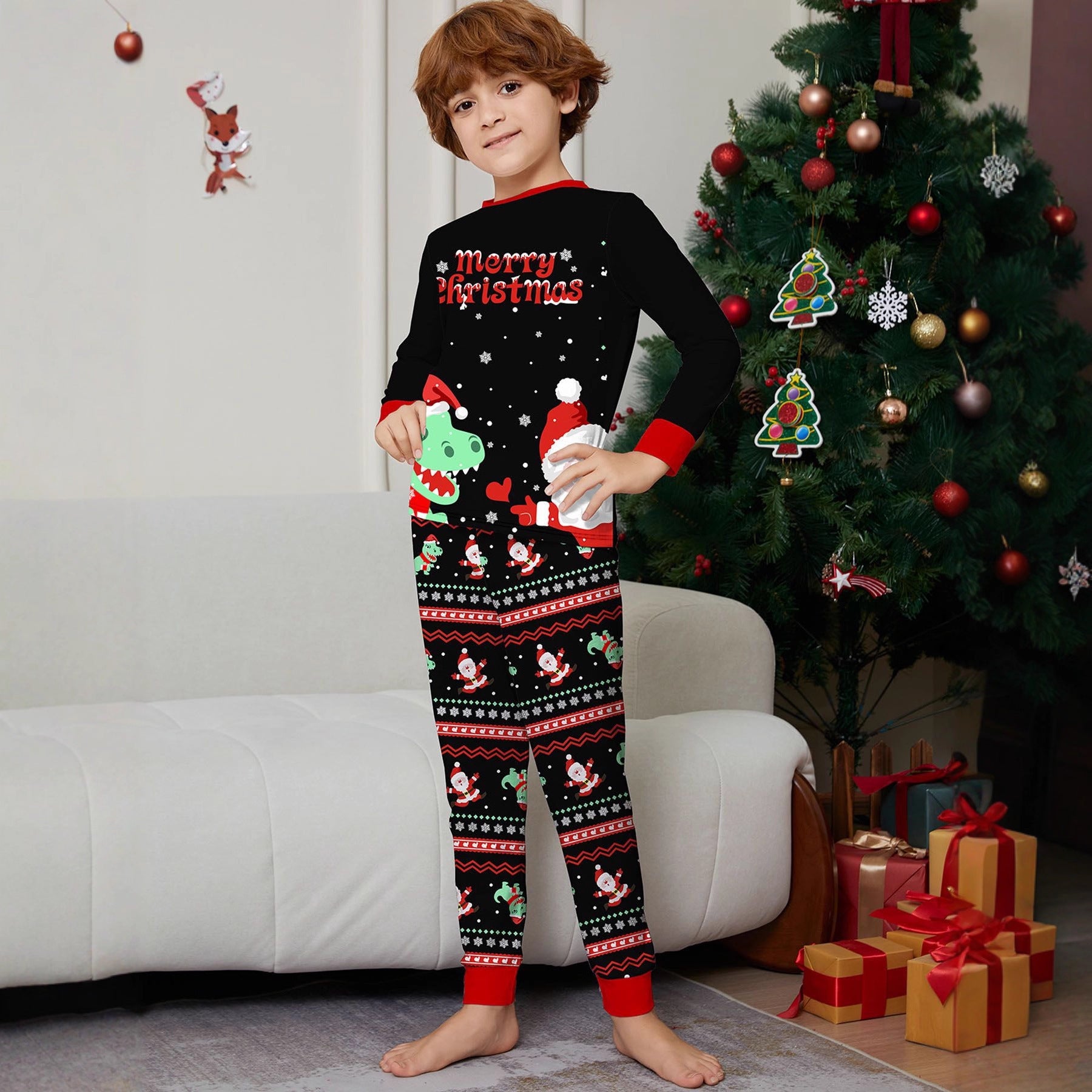 Cartoon Dinosaur Printed Black Pajamas Parent-child Suit
