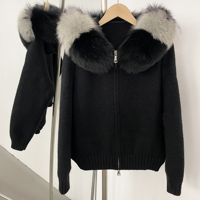 Spring Coat Women's Zipper Real Fox Fur Collar Hooded