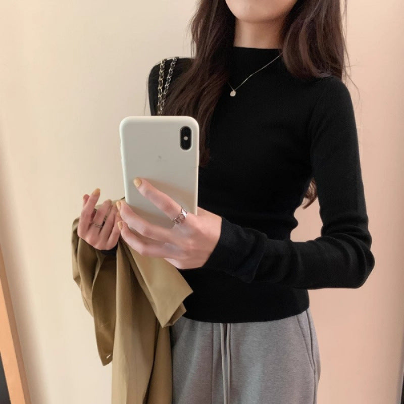 White Stand Collar Half Turtleneck Long-sleeve Knitted Undershirt