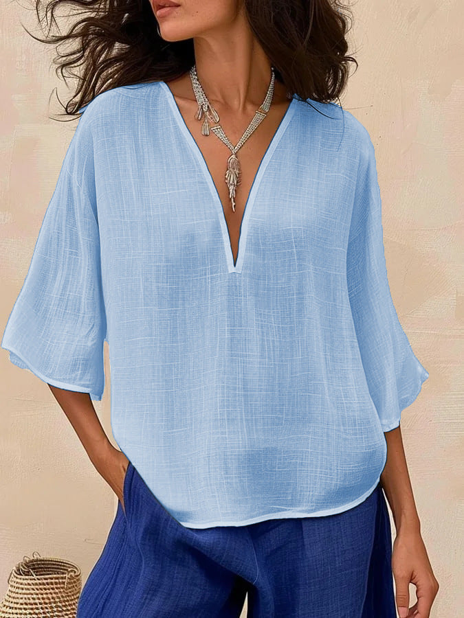 Loose Casual Solid-Colored Cotton-Linen Womens V-Neck Trendy Fashion Mid-Sleeve Top