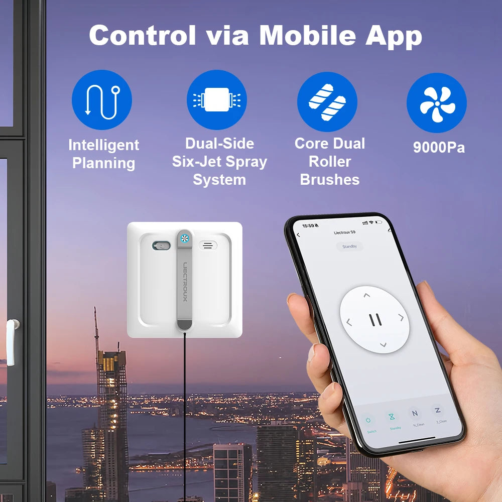 Window cleaning robot Liectroux S9,with 2 roller brushes,6-way water pump spray,9KPa,frameless works,app control