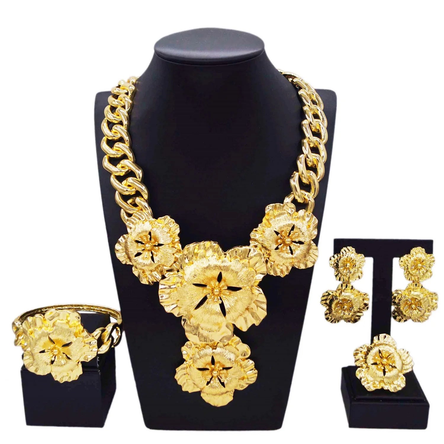 Necklace For Women Fashion New Cuban Chain Necklace Gold Flower Pendant Luxury Wedding Bijoux Gold Plated Earrings Ring SYHOL