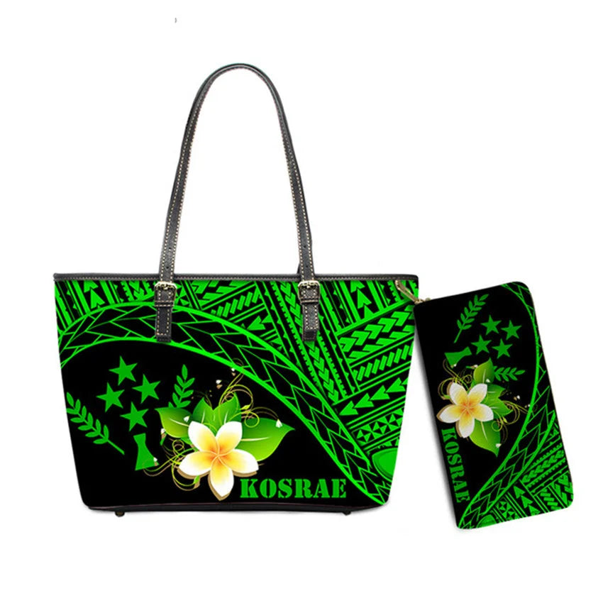 Hawaiian Flower Polynesian Design Print Women Handbags and Purses Set Customized Large Leather Tote Matching Long Zipper Wallet