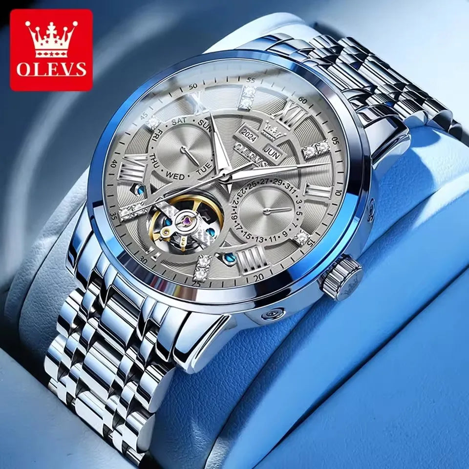 OLEVS 6701 Tourbillon Mechanical Skeleton Hollow Out Men's Watches Automatic Stainless Steel Strap Original Wristwatch for Men