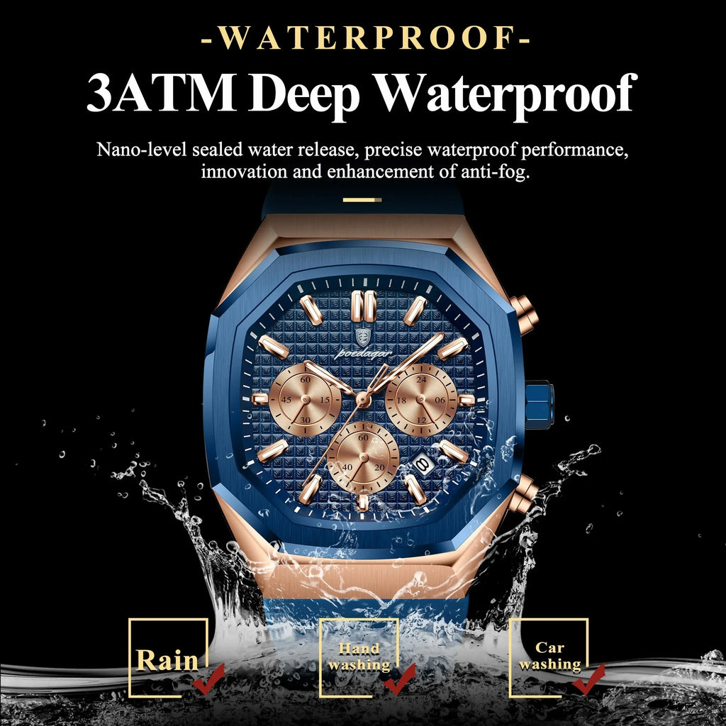 POEDAGAR 893 Luxury Watch Male Soft Silicone Strap Sports Man Wrist Waterproof Luminous Chronograph Date Quartz Men's Watches