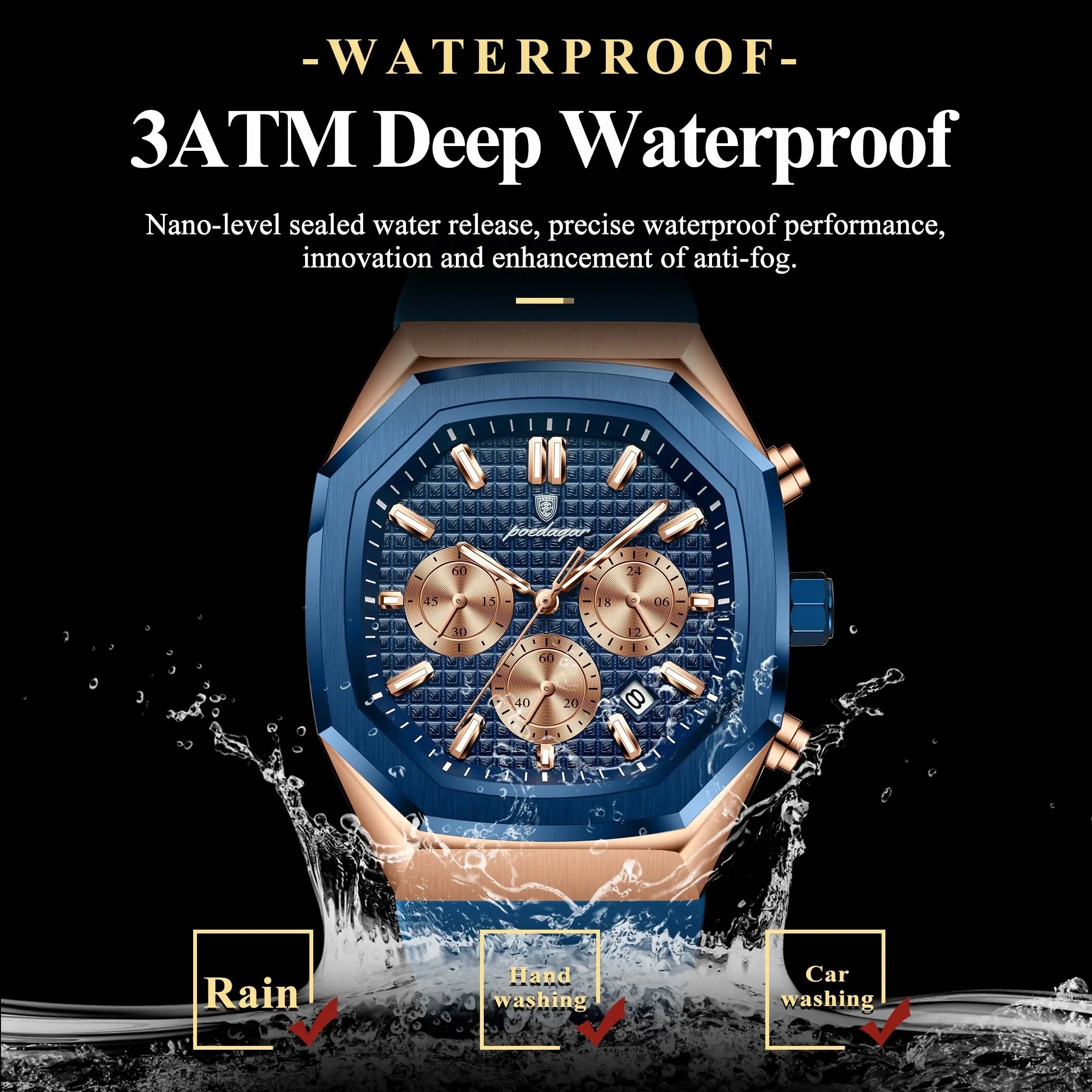 POEDAGAR 893 Luxury Watch Male Soft Silicone Strap Sports Man Wrist Waterproof Luminous Chronograph Date Quartz Men's Watches