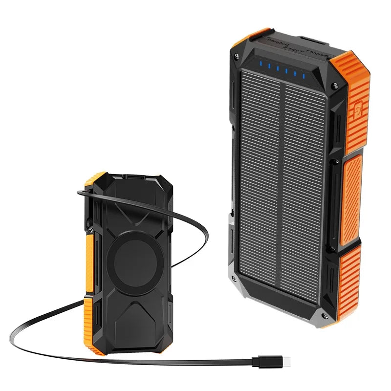 USA Stock Retractable USB C Cable Solar Power Bank 30000mAh 20000mAh Portable Battery Fast Charging Magnetic Wireless Charger