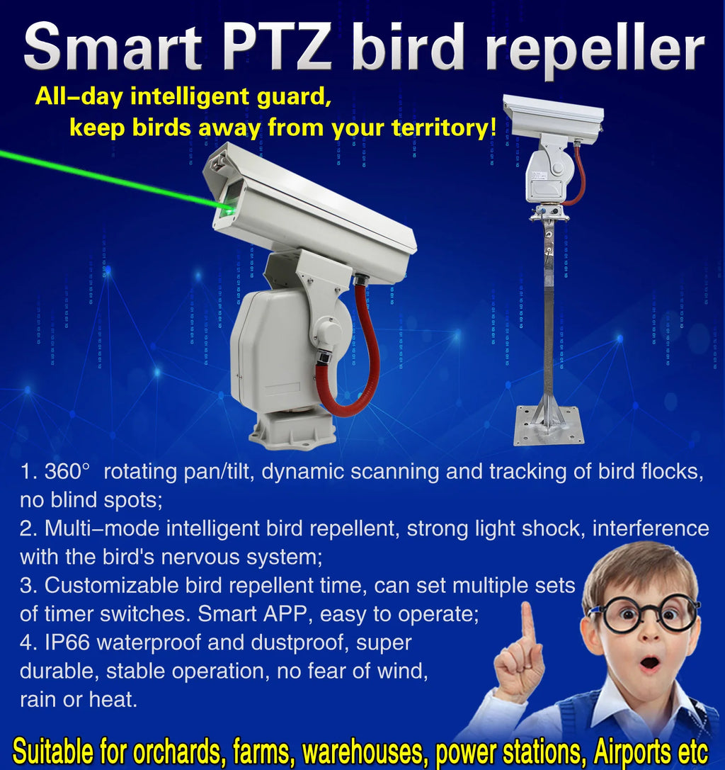 1000mw Green Laser Bird Repellent Device 360 Degree Automatic Smart Bird Control for Outdoor Farm Orchard Airport Pest Control