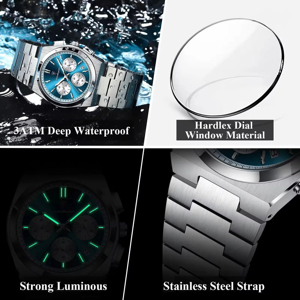 POEDAGAR 970 New Luxury Man Quartz Watch Sport Watch for Men Waterproof Luminous Date Chronograph Stainless Steel Men's Watches