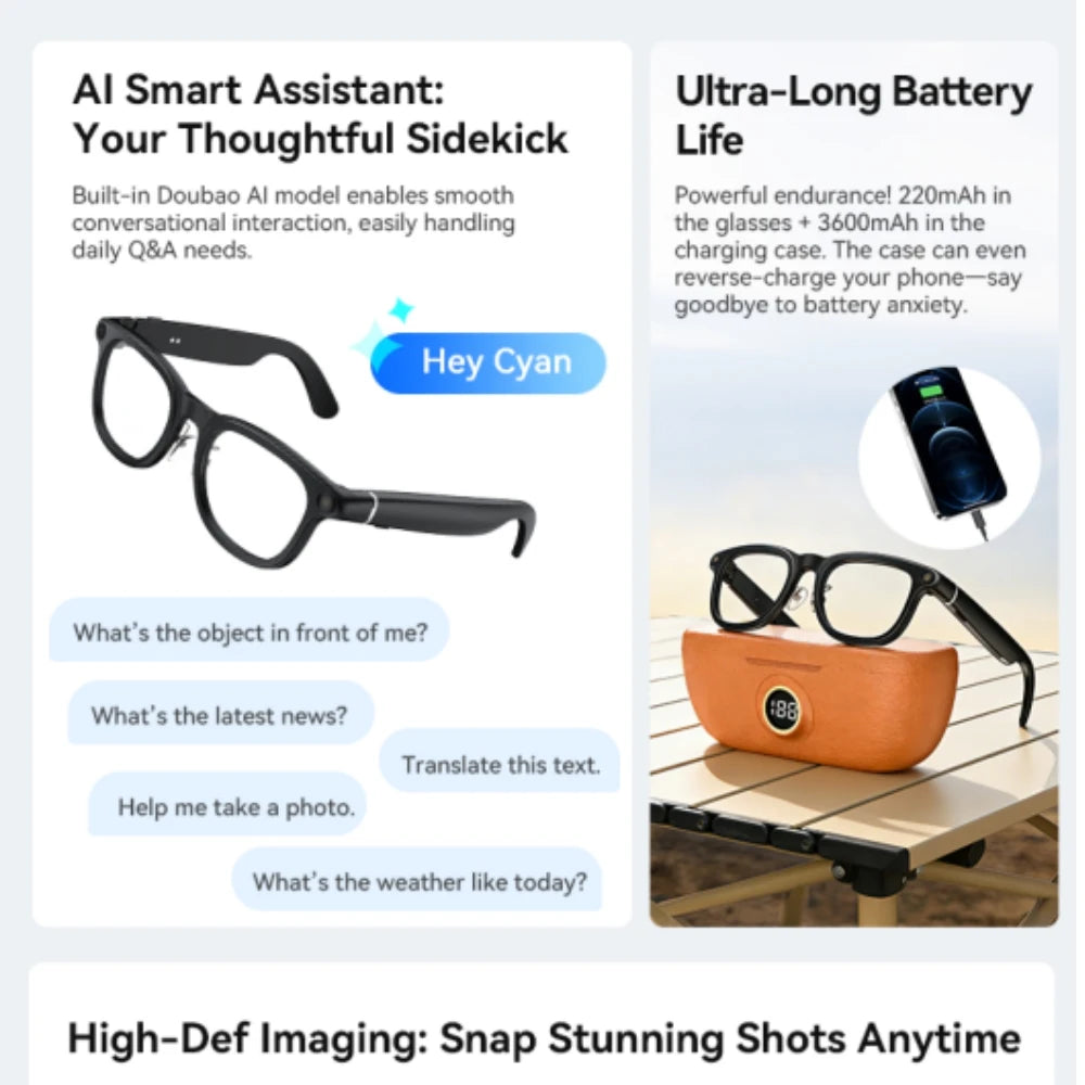 Smart AI Glasses with 3600mAh Battery 8MP Camera AI Assistant Real-Time Translation Phone Calls & Music Player-IPX-6 Waterproof