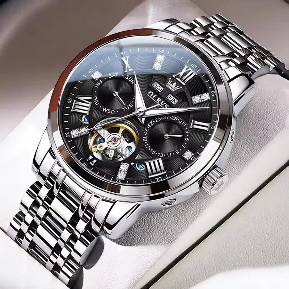 OLEVS 6701 Tourbillon Mechanical Skeleton Hollow Out Men's Watches Automatic Stainless Steel Strap Original Wristwatch for Men