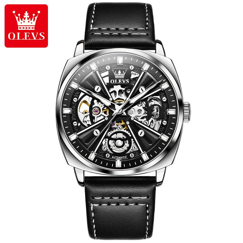 2024 OLEVS 6685 Automatic Men's Watches Hollow Out Style Automatic Mechanical Wristwatch Waterproof Luminous Leather Men's Watch