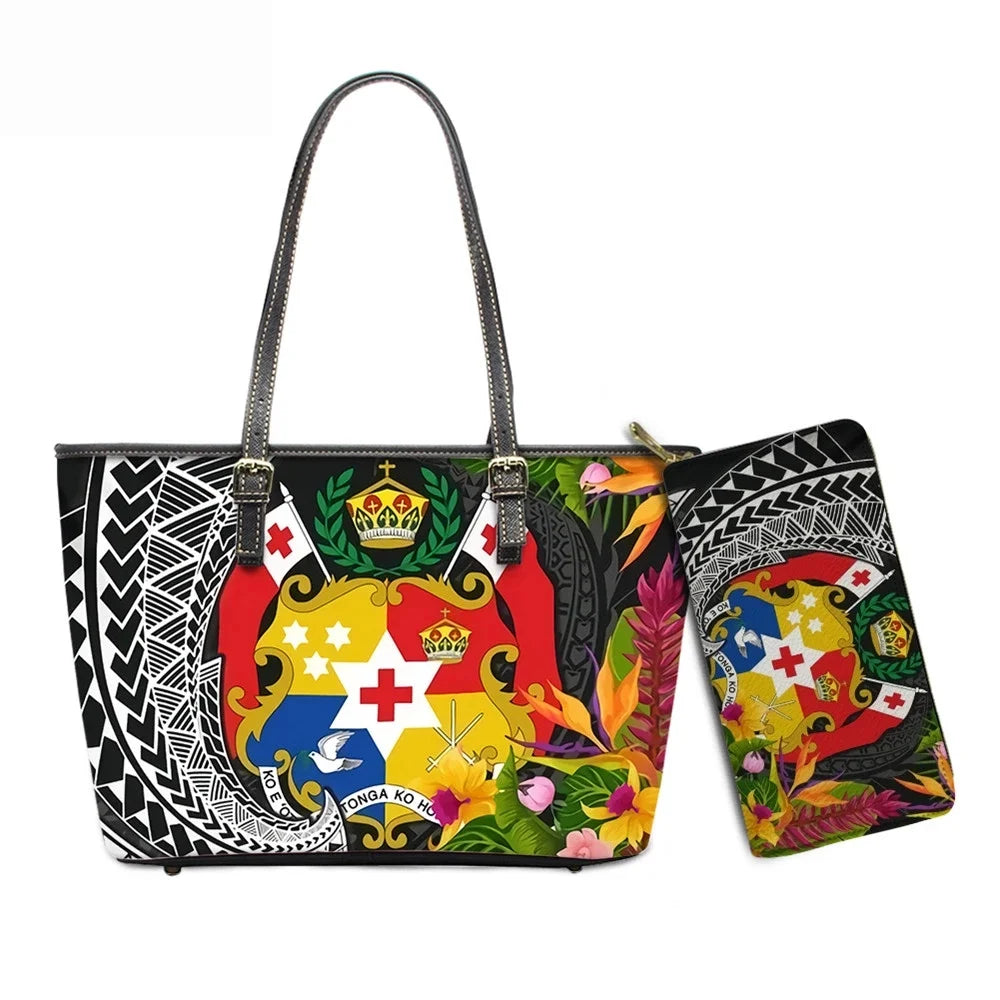 Hawaiian Flower Polynesian Design Print Women Handbags and Purses Set Customized Large Leather Tote Matching Long Zipper Wallet