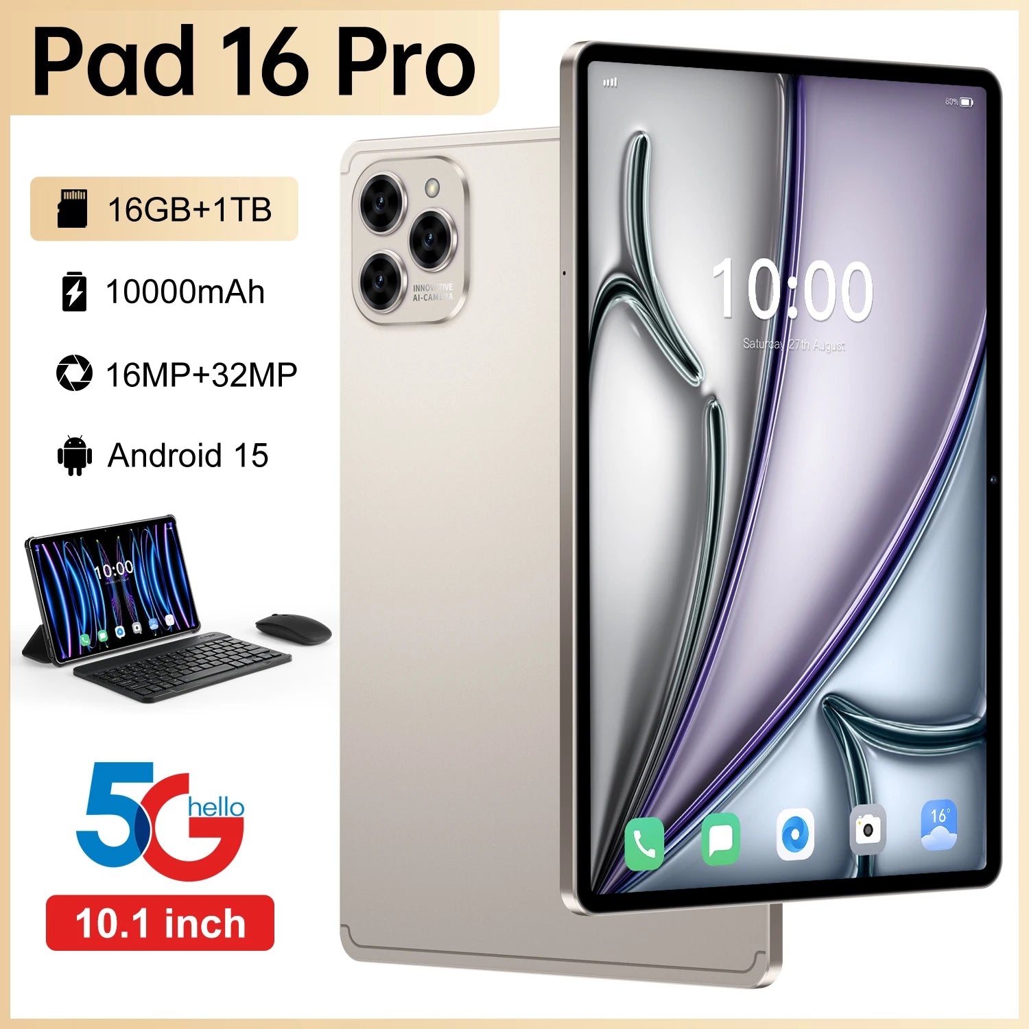 Hot-Selling 10.1" HD Octa Core Android 15 Tablet PC 16 Pro 16MP+32MP MTK 4G/5G 16GB Capacitive Screen