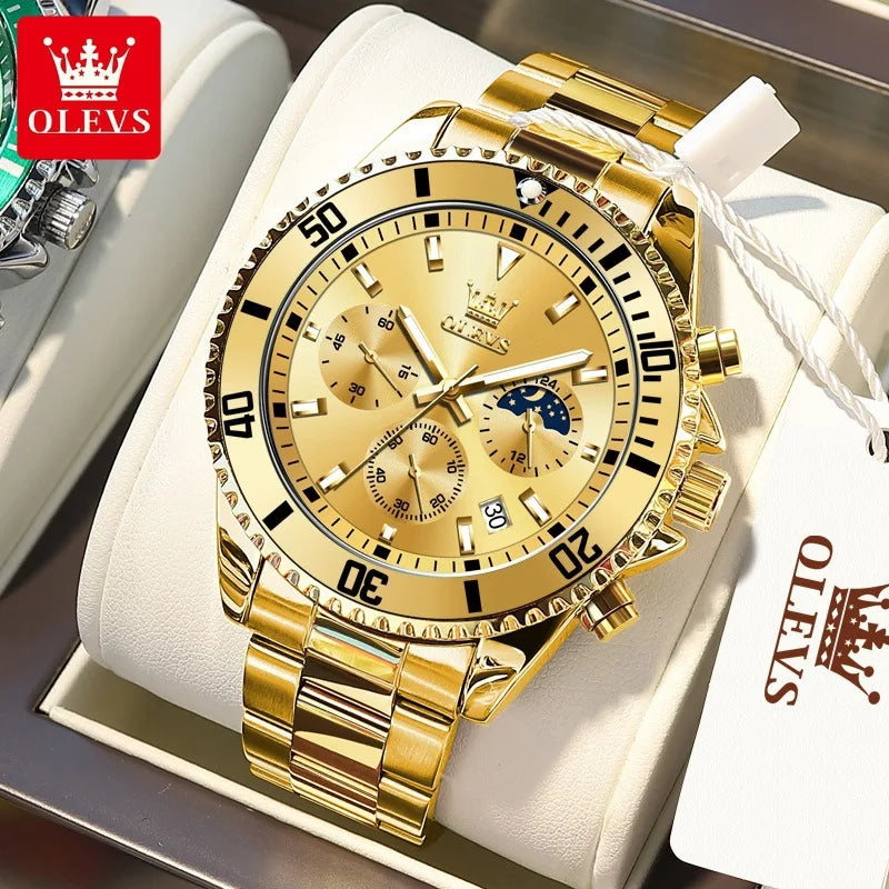 OLEVS 2870 Luxury Quartz Watch for Men Stainless Steel Waterproof Top Men's Watches Moon Phase Date Chronograph Sports Man Watch