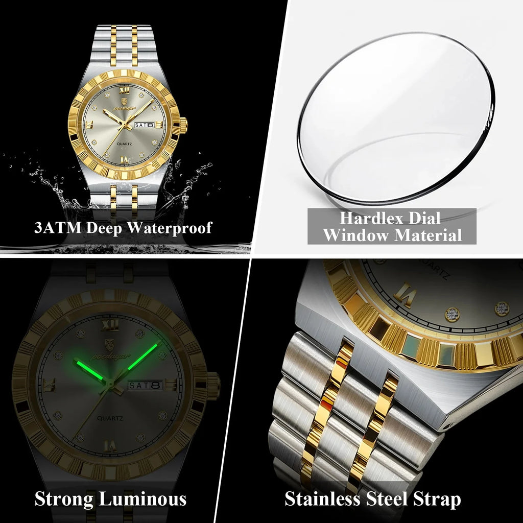 POEDAGAR 872 Week Date Watch Men Life Waterproof Original Diamond Wristwatch Quartz Reloj Luminous Stainless Steel Men's Watches