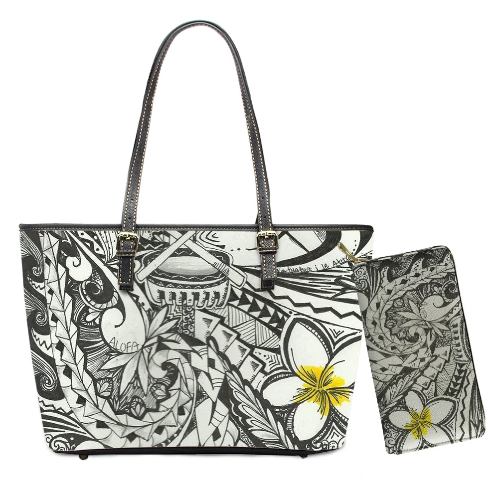 Hawaiian Flower Polynesian Design Print Women Handbags and Purses Set Customized Large Leather Tote Matching Long Zipper Wallet