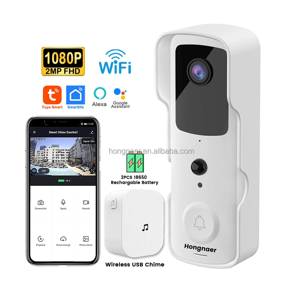 Hongnaer Outdoor HD 1080P Security Doorbell Ring Battery Door Bell IP Camera Home Tuya Smart WiFi Wireless Video Doorbell Camera