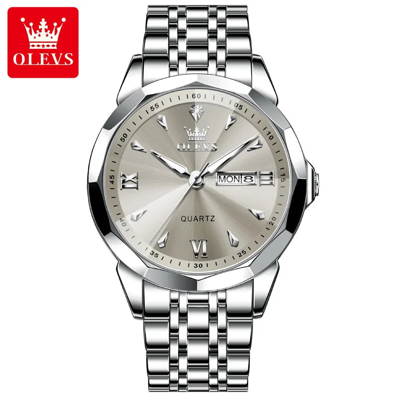 OLEVS 9998 Luxury Male Dual Calendar Luminous Wristwatch Fashion Original Men's Watches Waterproof Stainless Steel Quartz Watch
