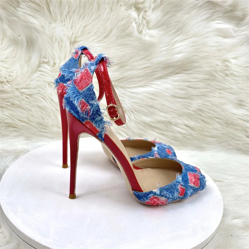 2025 Customized Denim Sandals for Women Red Bottom Stilettos 10CM 12CM New High Thin Heels Pointed Toe Style Autumn Waterproof