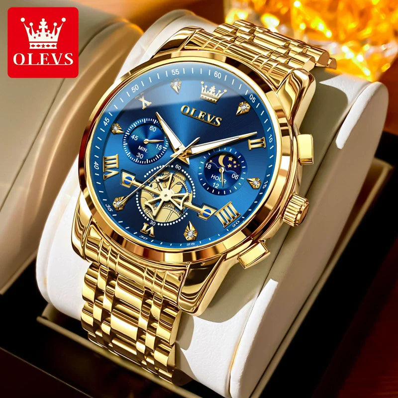 OLEVS Luxury Men's Watches Classic Roman Scale Flywheel Moon Phase Waterproof Quartz Watch for Men Classic 2856 Chronograph
