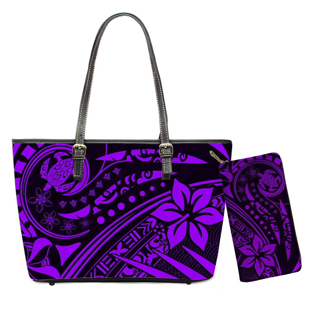 Hawaiian Flower Polynesian Design Print Women Handbags and Purses Set Customized Large Leather Tote Matching Long Zipper Wallet