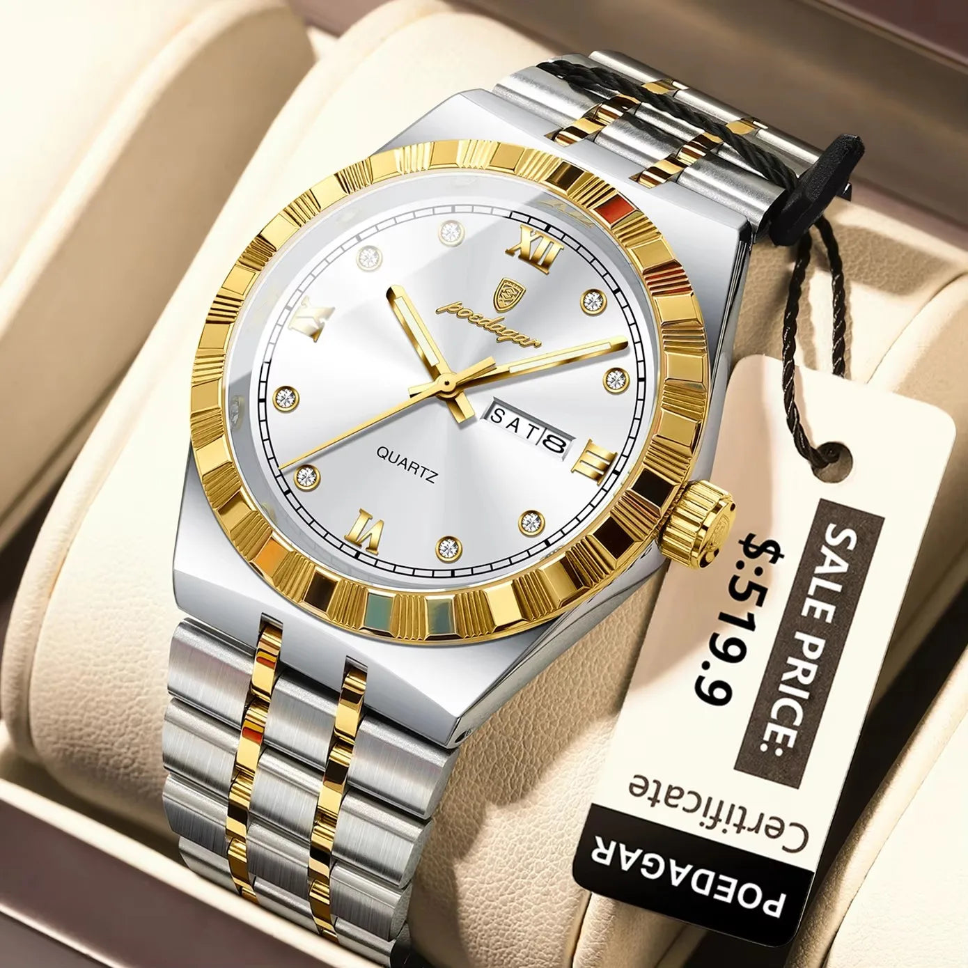 POEDAGAR 872 Week Date Watch Men Life Waterproof Original Diamond Wristwatch Quartz Reloj Luminous Stainless Steel Men's Watches