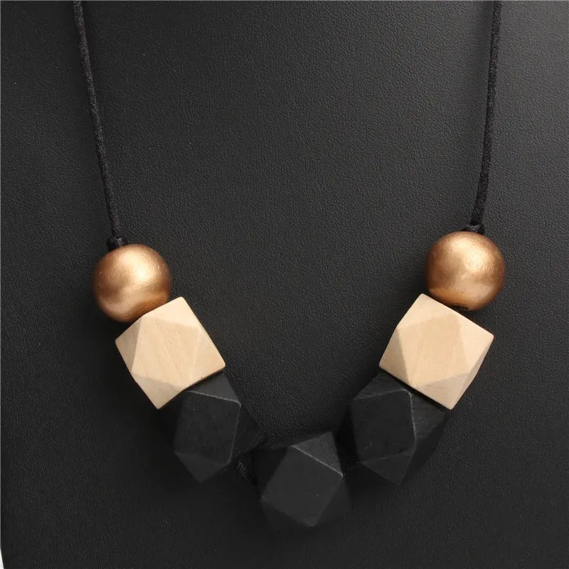 New Wood Geometric Necklace Painted Chunky Faceted Wooden Beads Ball Chunky Leather Cord Brown Black Statement