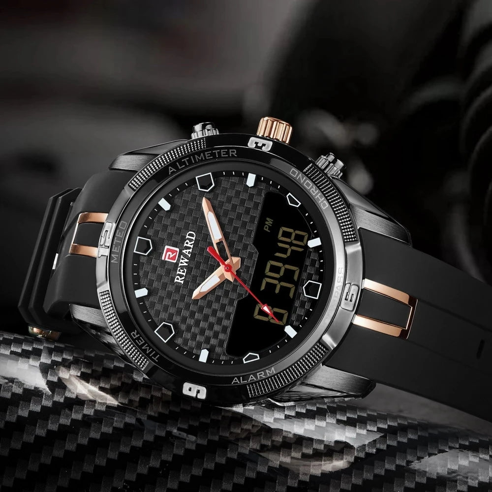 REWARD Men's Watches Silicone Double Movement Digital Electronic Watch Men Sports Waterproof LED Quartz Watch Relogio Masculino