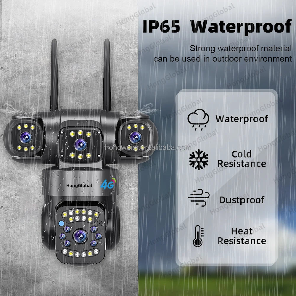 HongGlobal 6MP 360 Network Surveil PTZ 3Lens 4G LTE Network Camera Home Indoor Security Outdoor V380 Pro 4G Sim Card CCTV Camera