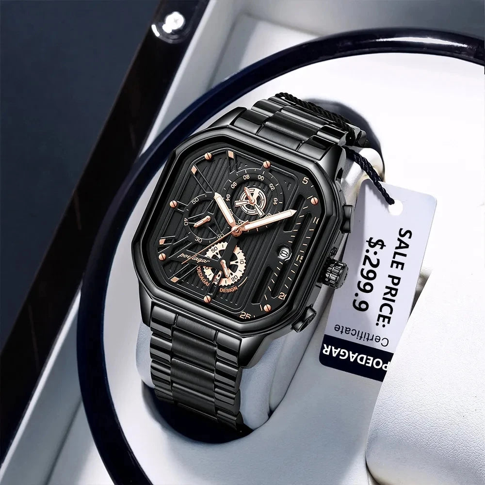 POEDAGAR 628 Luxury 3 Needles Quartz Watch Fashion Chronograph Stainless Steel Waterproof Luminous Date Men's Watches for Gift