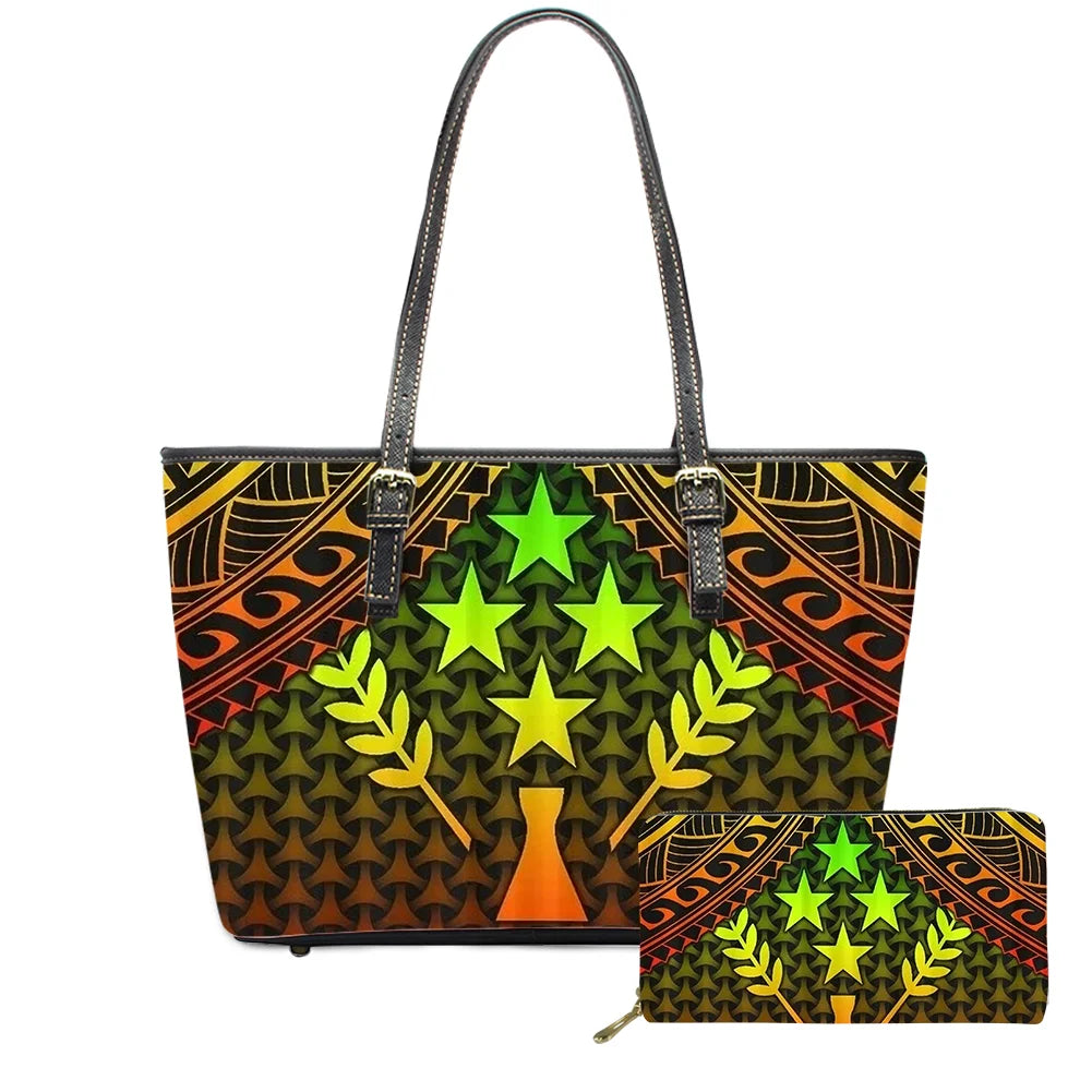Hawaiian Flower Polynesian Design Print Women Handbags and Purses Set Customized Large Leather Tote Matching Long Zipper Wallet