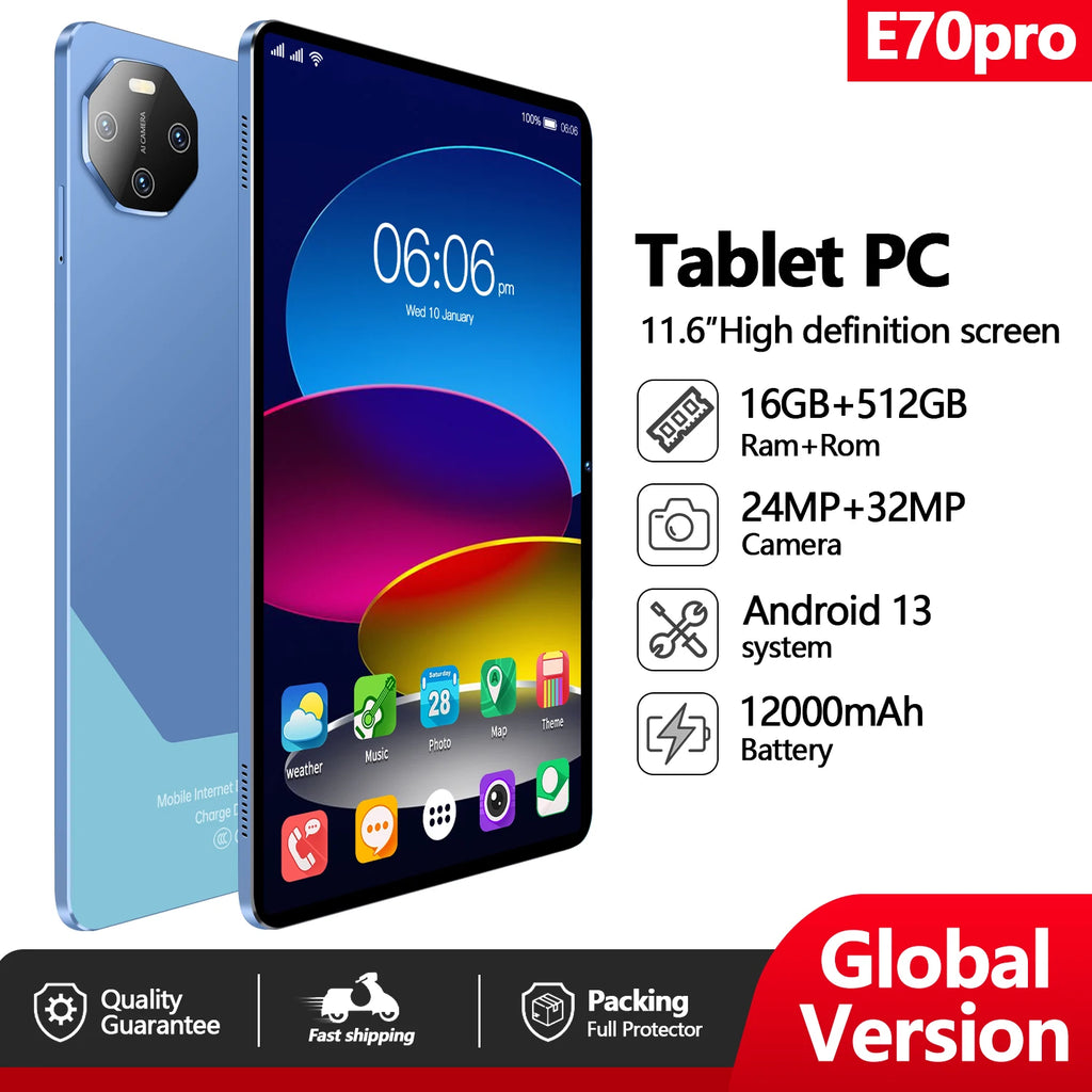 2025 NEW E70 Pro Tablet PC With 11.6-inch HD Screen 12000mAh Battery  MTK Octa Core CPU 16GB+512GB Storage  Android 13 System
