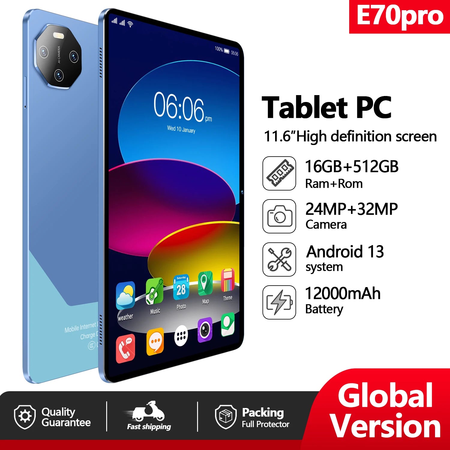 2025 NEW E70 Pro Tablet PC With 11.6-inch HD Screen 12000mAh Battery  MTK Octa Core CPU 16GB+512GB Storage  Android 13 System