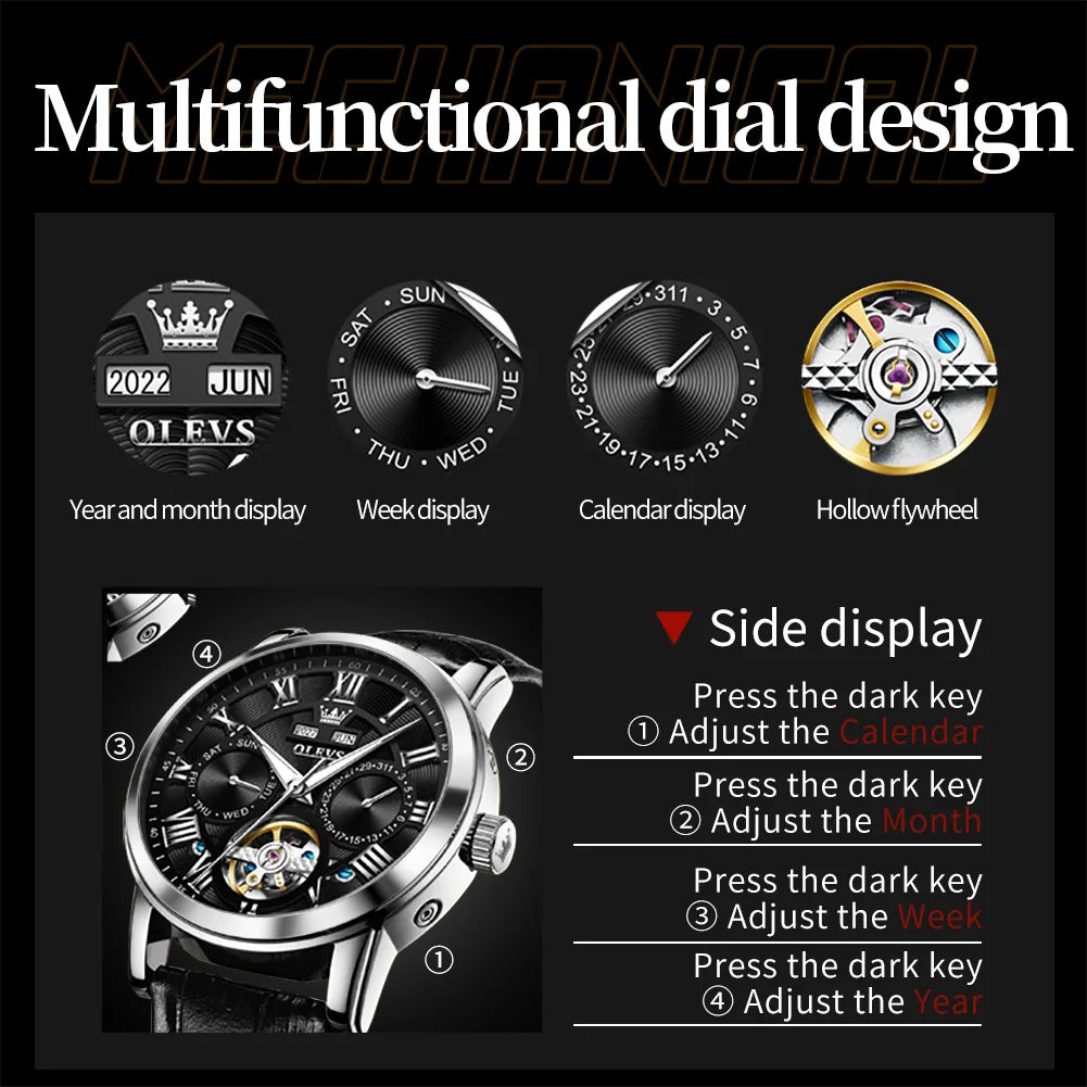 OLEVS 6668 Automatic Mechanical Men's Watches Flywheel Three Eyes Month Week Luxury Watch Automatic Mechanical SmartWatch