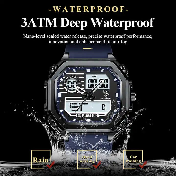 POEDAGAR 993 Luminous Week Date Square Wristwatch Sports LED Men Watch Waterproof Silicone Strap Electronic Quartz Men's Watches