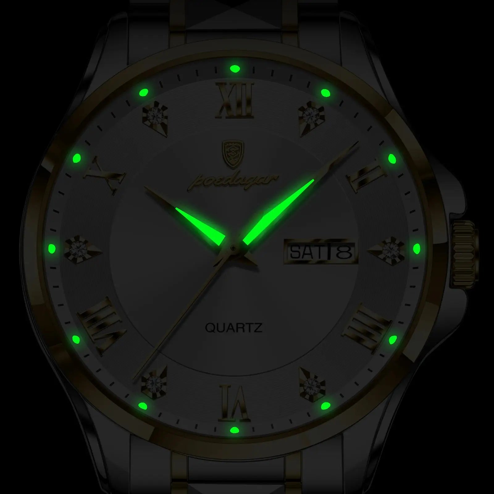 POEDAGAR 883 Date Week Man Wristwatch Stainless Steel Belt Fashion Men Clock Waterproof Luminous Quartz Men's Watches Male Reloj
