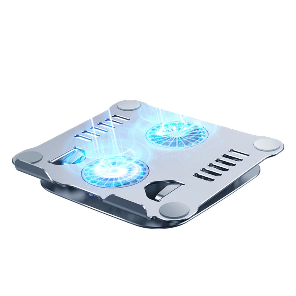 Adjustable Aluminum Double-Fan Laptop Cooling Pad & Stand for Tablets and Laptops