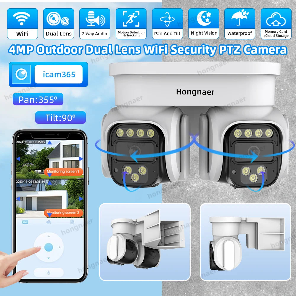 Hongnaer New 8MP Wireless WiFi Video Surveillance CCTV PTZ Camera Home Dual Lens 360 4K Outdoor WiFi Security Camera