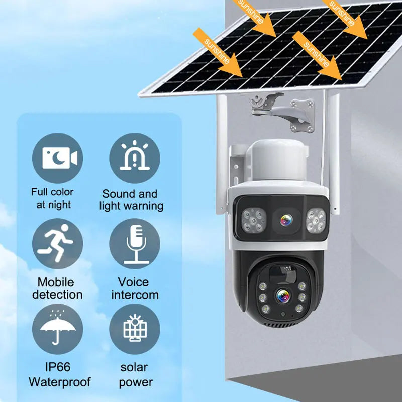 6MP Low Powered dual lens Solar Camera wifi Built-In Battery Two Way Audio Security Network 4G Outdoor home Full HD PTZ Camera